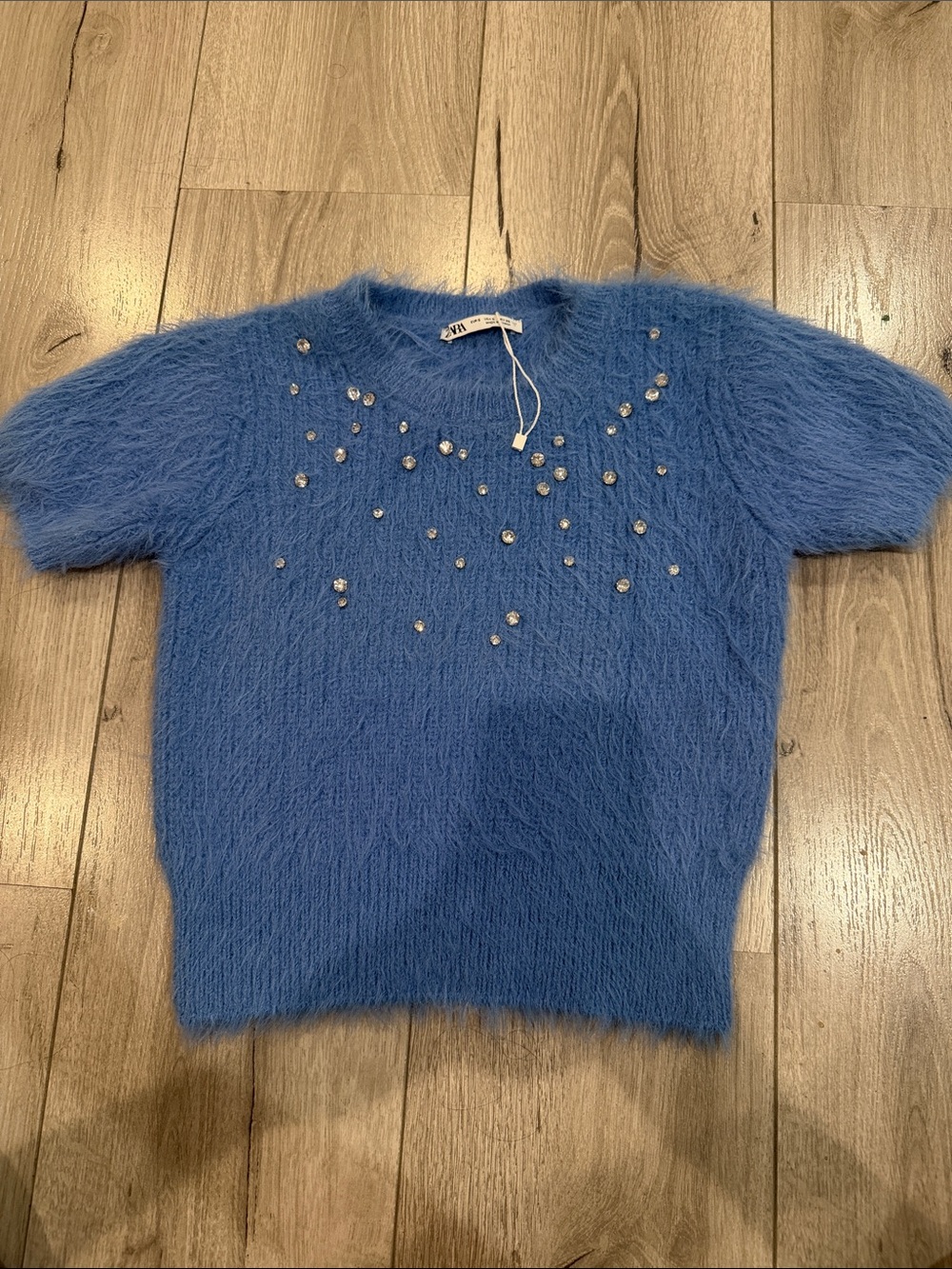 Zara Blue Fuzzy Gem-Embellished Short-Sleeve Sweater
